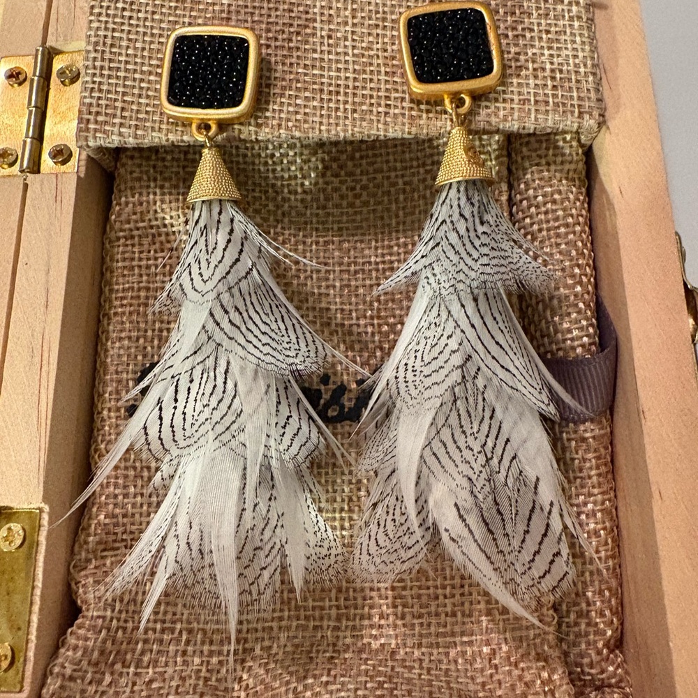 Brackish Gault Pheasant Feathers and Stingray post earrings 
New in box